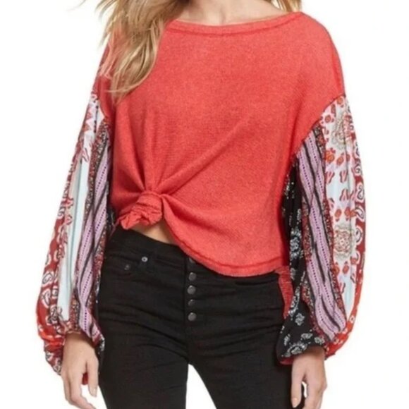 We The Free People Blossom Thermal Balloon Sleeve Oversized Pullover Top XS Boho - Picture 11 of 11